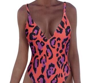 Adreamly Womens Size M One Piece Monokini Animal Print Red/Purple Cheetah Swim